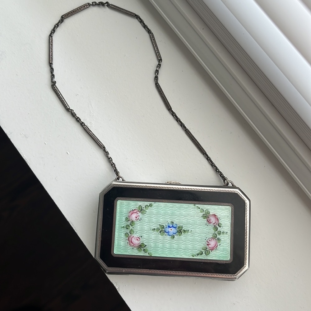 Antique art deco sterling silver & guilloche enamel dance compact purse.